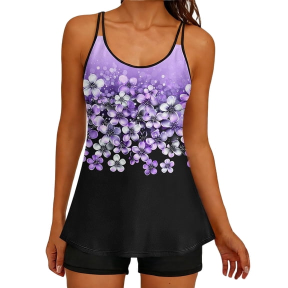 Felirenzacia Women's 2 Piece Tankinis, Athletic Butt Lifting Boyleg Short with Printed Tank Swimsuit,Black,2XL