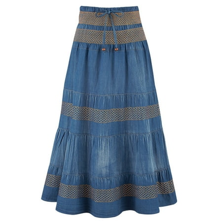 Tiered A-Line Denim Boho Prairie Skirt