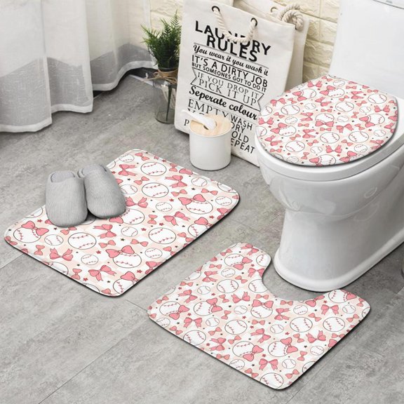 Pink Baseballs with Bows Pattern Bathroom Rugs Sets 3 Piece,Toilet Cover Set,Absorbent Non Slip Bathroom Mats Sets with U-Shaped Contour Rug Toilet Rug Set