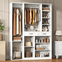 Large Wardrobe Closet with 2 Drawers, 2 Hanging Rods & Adjustable Shelves, 81" x 55" x 15" Freestanding Bedroom Armoire Storage Cabinet, White Wooden Tall Closet for Home