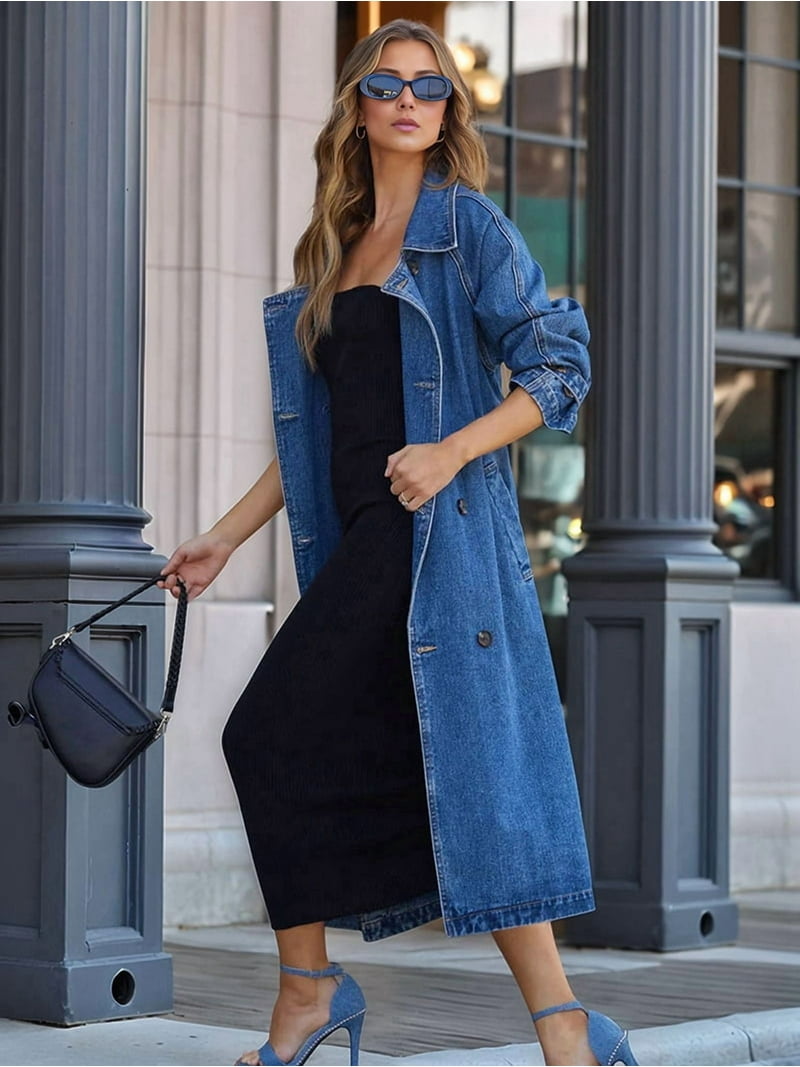 denim trench coat dress Double Breasted Belted Long Denim Trench Coat Small / Denim Blue