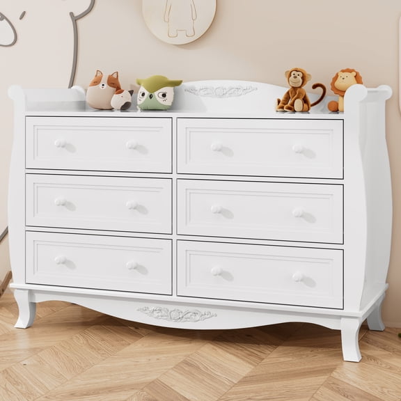 ANPOO Sleigh Style Baby Diaper Changing Table, 6 Drawer Storage Organizer, Baby Dresser with Changing Table Top, Convertible Nursery Dresser Chest of Drawers, Wood Dresser for Kids Bedroom, White