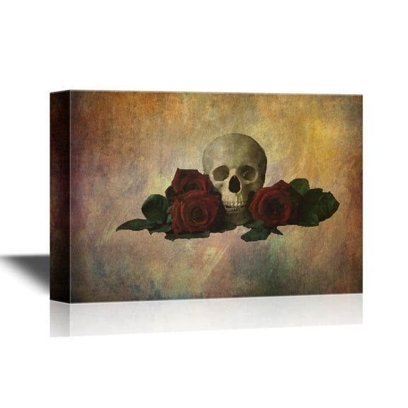 wall26 - Canvas Wall Art - Skull with Roses on Abstract Background - Gallery Wrap Modern Home Art | Ready to Hang - 32x48 inches
