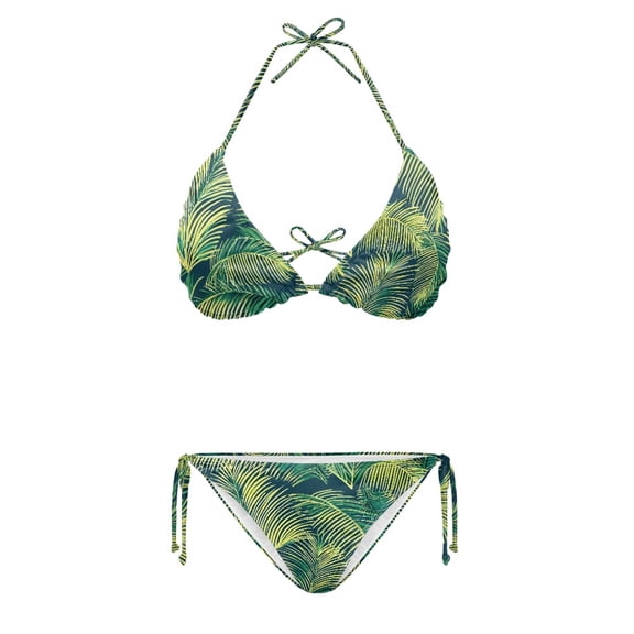 HELLHERO Polyester Fabric Ladies Bikinis Swimsuits for Women Quick Drying Elastic String Halter Bikini Set Palm Leaves Pattern