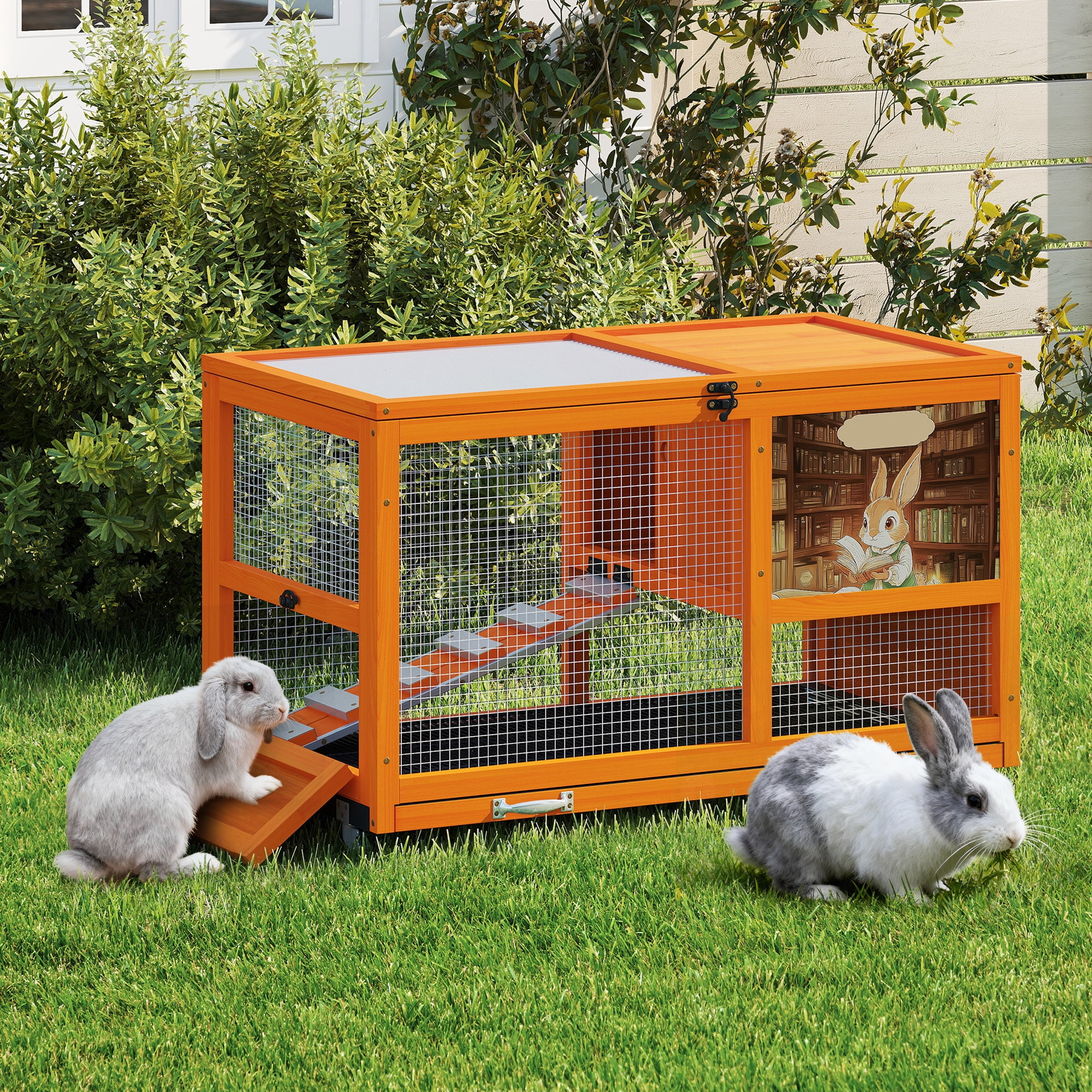 Fashion Wooden 36Inches Rabbit Hutch Outdoor with wheels Bunny Cage Indoor&Pull Out Tray, Openable Roof