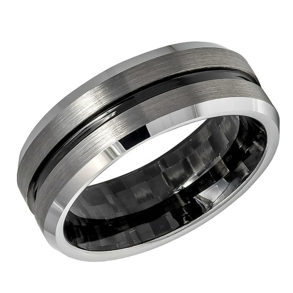 Free Engraving Personalized Custom Engraving Men's Women's Tungsten Wedding Band 8mm Black IP Plated Grooved Center, Black Carbon Fiber Inlay InsideSZ: 11.5
