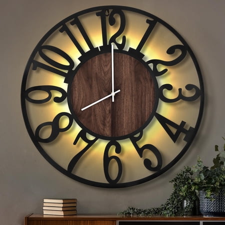 Large Wall Clocks with Night Light Battery Operated,Silent Non Ticking,Rustic Modern Big Wood Clock for Living Room, Bedroom,Kitchen,Farmhouse,Office,Home Decor-24 Inch(Black-Arabic Number)