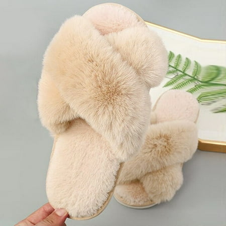 

CoCopeanut Winter Women Casual Fuzzy Slippers Female Flip Flops Fluffy Shoes Cross Slides Soft Plush Home Indoor Slippers Faux Fur Slides