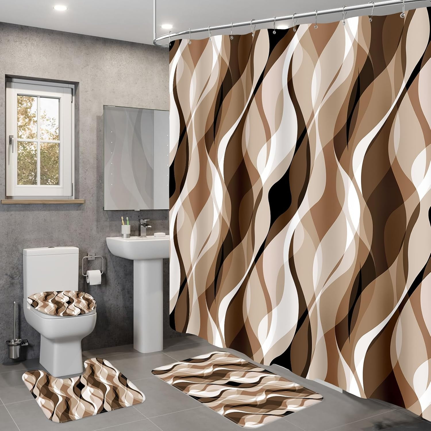 4PCS Navy Blue Bathroom Sets with Shower Curtain and Rugs, Abstract Striped Shower Curtain Sets with Rugs, Modern Luxury Bathroom Curtains Shower Set Accessories