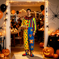 thumbnail image 6 of RUINIXCW Funny Halloween Clown Costume for Adult Mesh Collar Dot Stripe Print Long Sleeve Jumpsuit with Pom-pom, 6 of 8
