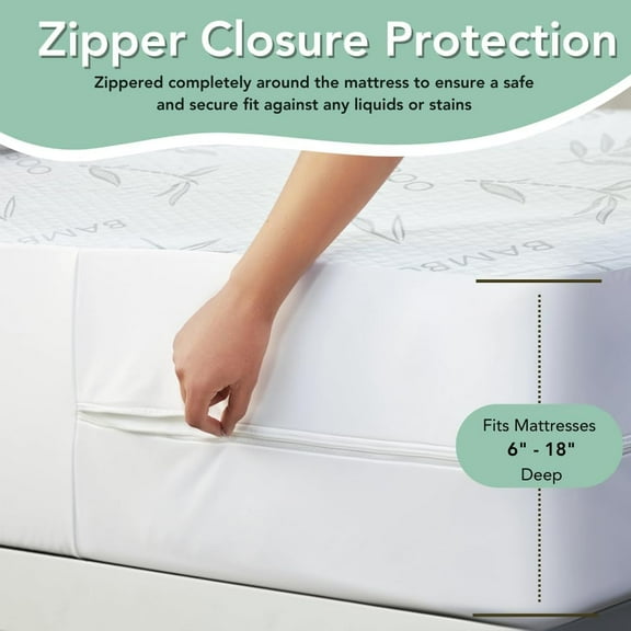 Bamboo Rayon Mattress Protector with Zipper - Waterproof Cooling Queen Size Cover - Ultra Soft Breathable Noiseless Mattress Pad