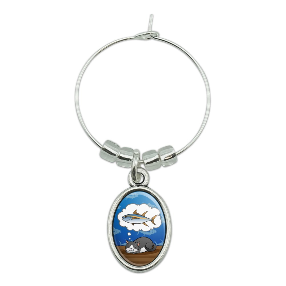 Cat Dreaming of Fish Wine Glass Oval Charm Drink Marker ...