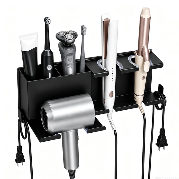 Larktide Hair Dryer Holder Wall Mounted, Blow Dryer Holder for Bathroom, 3 in 1 Metal Hair Tools Organizer, Muti-Function Hair Tool Organizer(Black)