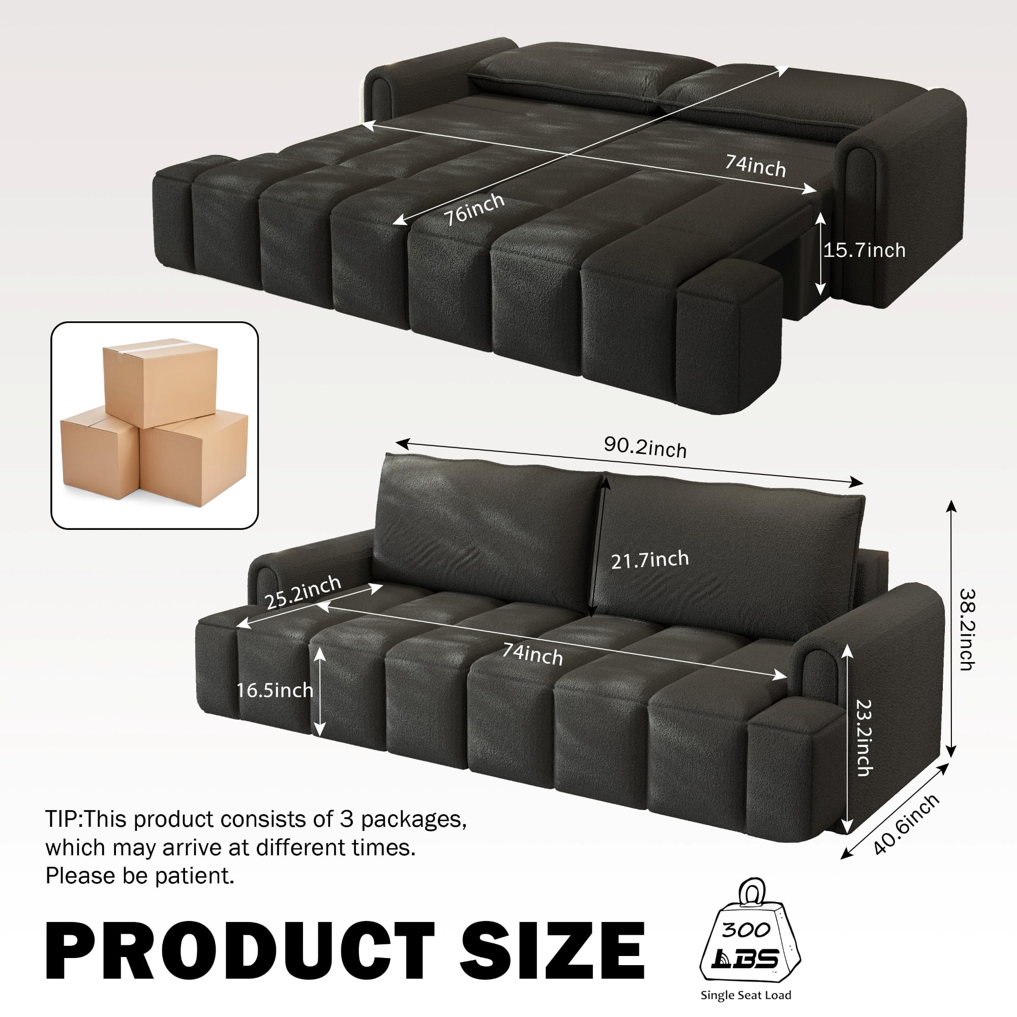 LLappuil 90" Cloud Couch, Oversized Floor Sofa Convertible Sofa Bed King Size, Sherpa Fleece Sofa Couch for Living Room Black