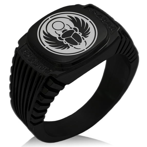 Stainless Steel Scarab Beetle Sun Ring CZ Ribbed Needle Stripe Pattern Biker Style Polished Ring