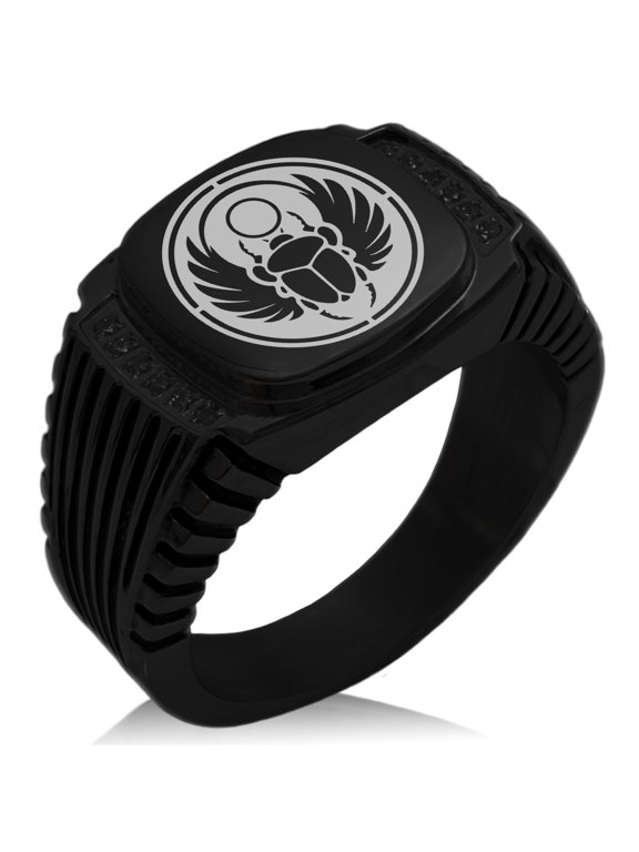Stainless Steel Scarab Beetle Sun Ring CZ Ribbed Needle Stripe Pattern Biker Style Polished Ring
