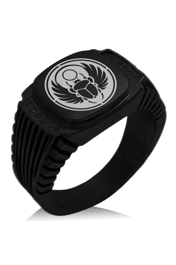 Stainless Steel Scarab Beetle Sun Ring CZ Ribbed Needle Stripe Pattern Biker Style Polished Ring