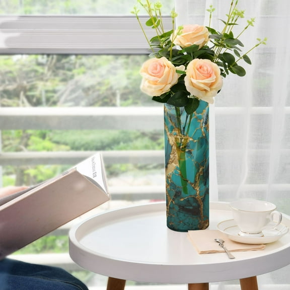 Turquoise and Gold Marble Flower Vase 11.8x3.9 inch Vases Clear Non Breakable Plastic for Modern Home Wedding Decor