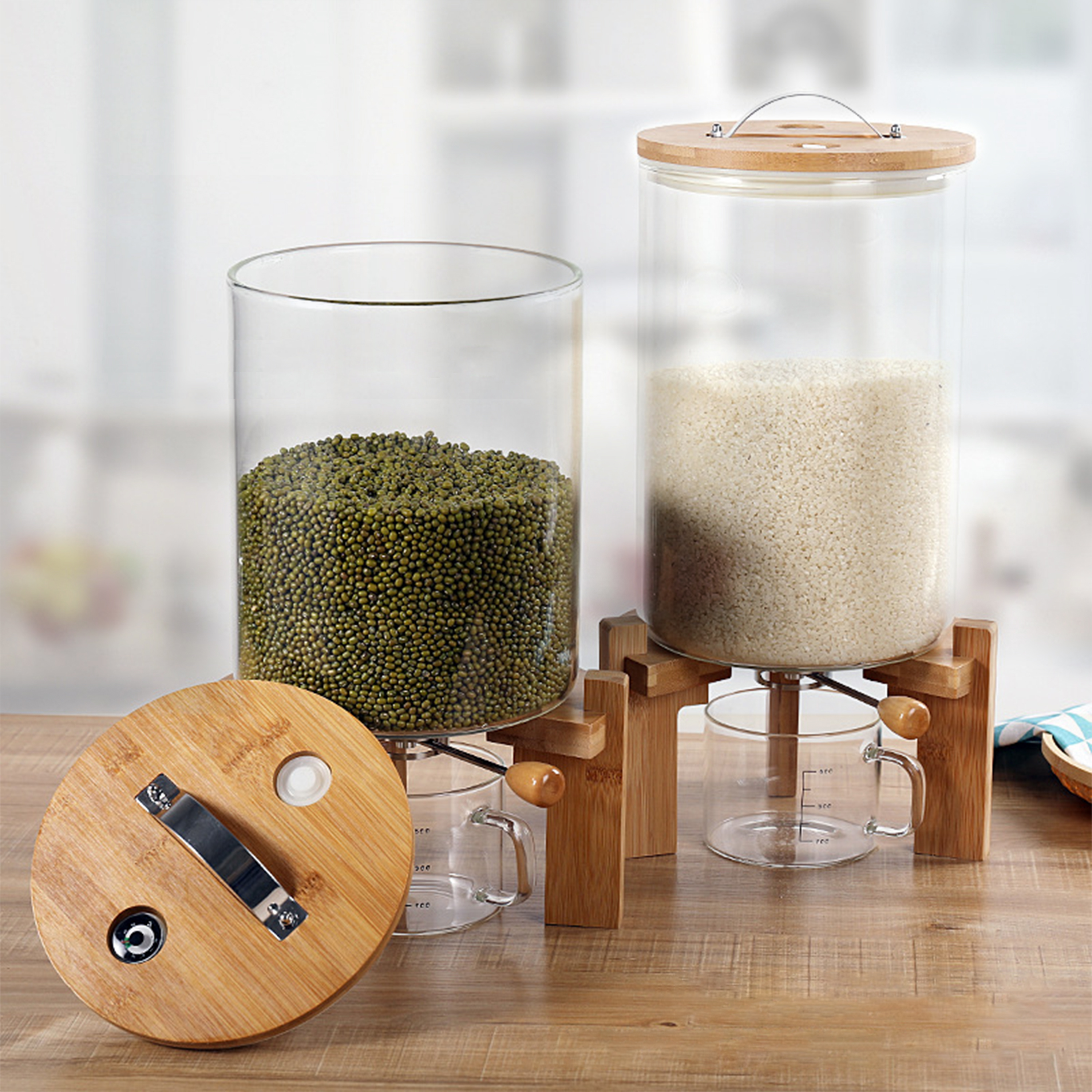 Gtouse 7.5L Glass Rice Dispenser, 11.81'' Height Cereal Dispenser w/ Bamboo Stand, Airtight Food Storage Container w/ Measuring Cup