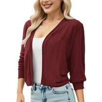 TKLPEHG Women's Classic 3/4 Sleeve Cardigan Open Front Cropped Cardigan Sweater Knit Short Jackets (Wine,S)