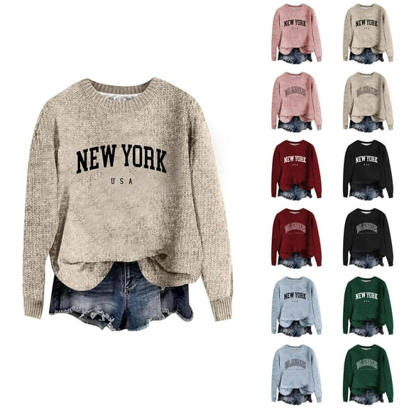 Sweaters for Women 2025 New York Sweatshirt Long Sleeve Crewneck Drop Shoulder Jumper Top Womens Pullover Sweaters