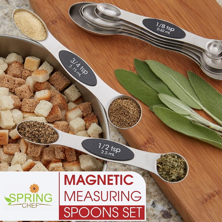 Magnetic Measuring Spoons Set With Leveler - 8pc Stainless Steel, Strong N45 Magnets, Fits In Spice Jars