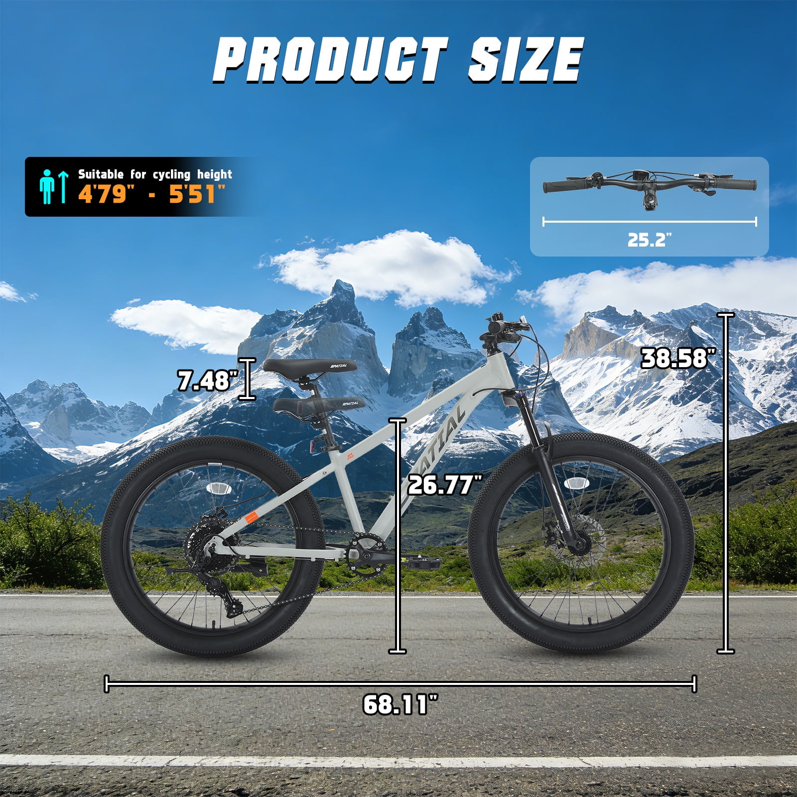SPATIAL 24 inch Pro Fat Mountain Bike,8-Speed Gears MTB Mountain Bikes,Aluminum Frame Dual Disc Brakes,Cool Gray