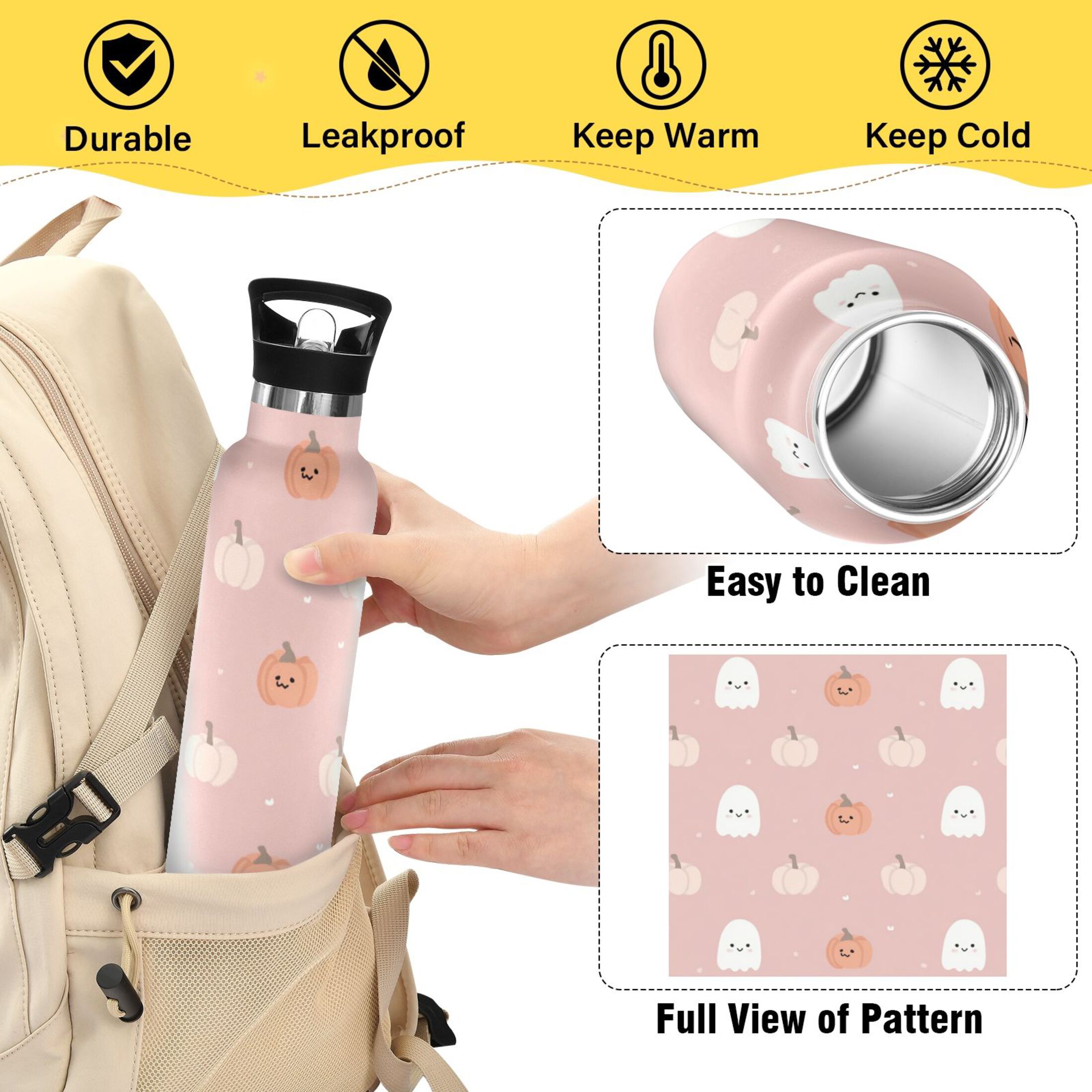 Kids Insulated Stainless Steel Sports Water Bottle 600ml (20oz) Pink Cartoon Ghosts and Pumpkins