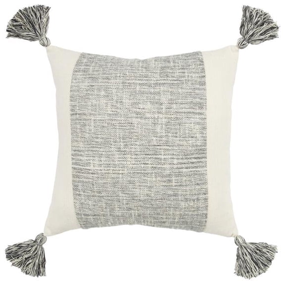 20 in. Grey & Ivory Cotton Pillow with Tassels Edges