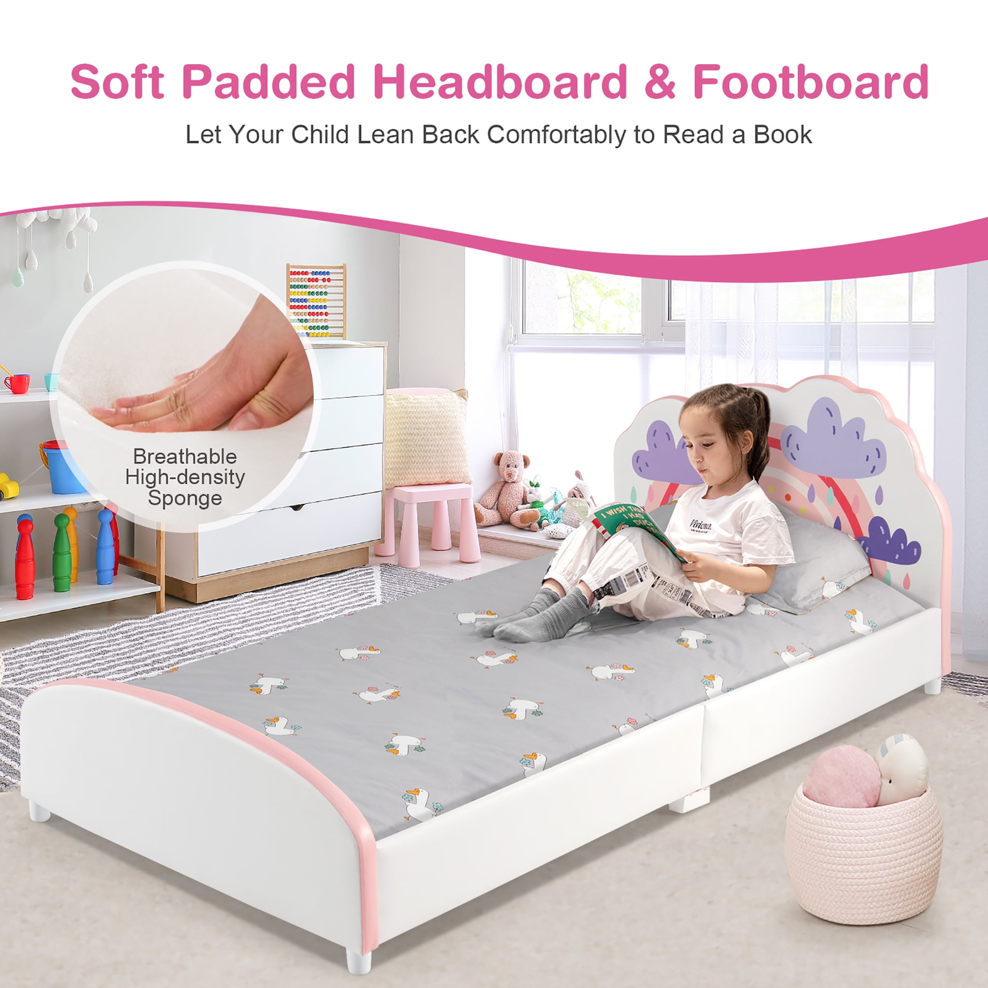Costway Kids Upholstered Platform Bed Children Twin Size Wooden Bed Rainbow Pattern
