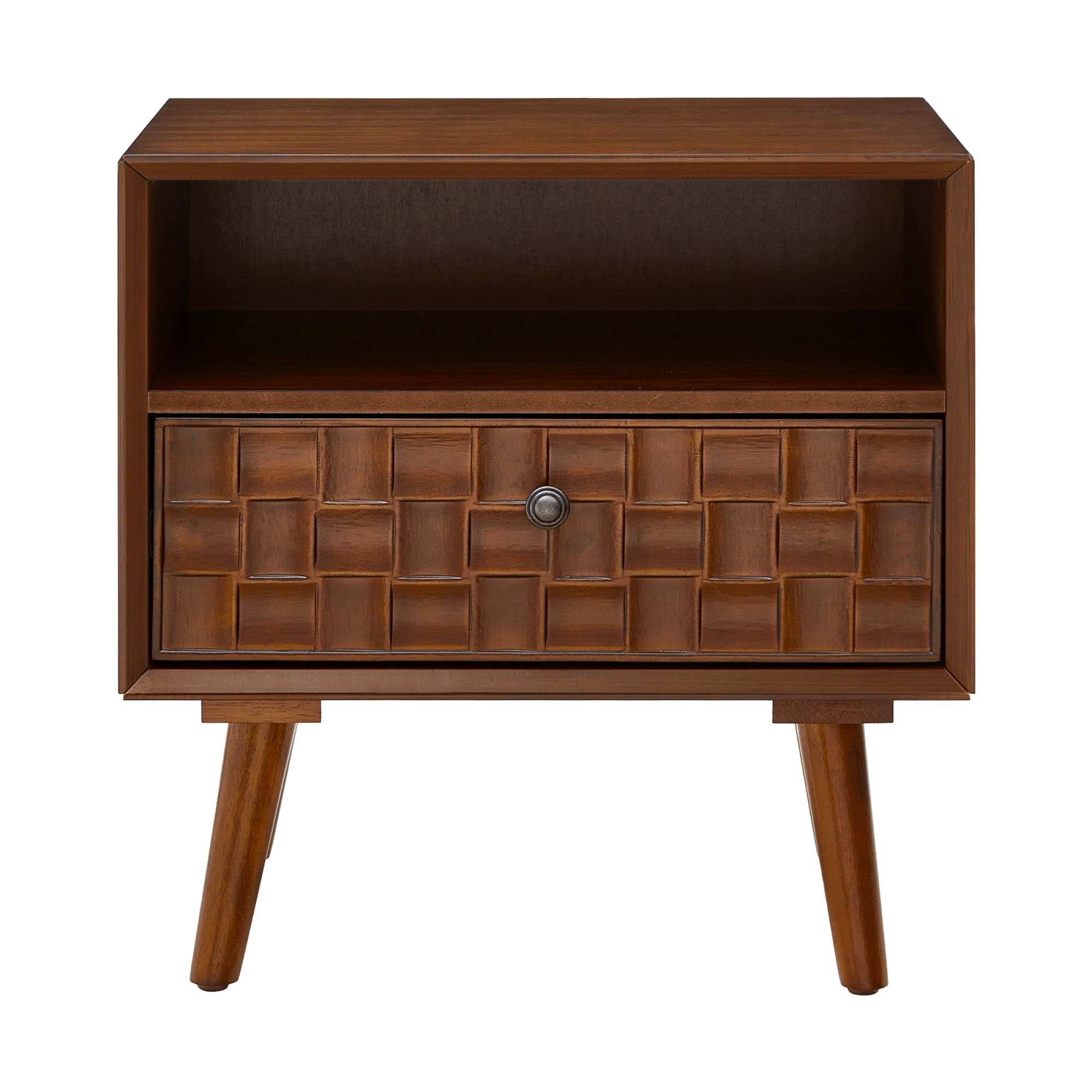 Leumius 22" Mid-Century Modern Wood Nightstand with Carved Geometric Drawer Front, 1 Drawer and Open Shelf, Solid Wood Legs, Bedside Table for Bedroom Walnut