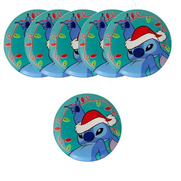 Juego 6 Platos Pequeños Postre o Ensalada Modernos Redondos de Porcelana, Diseño Stitch Luces Navideñas, Disney Clásicos, Juego de Platos Pequeños 19 cm