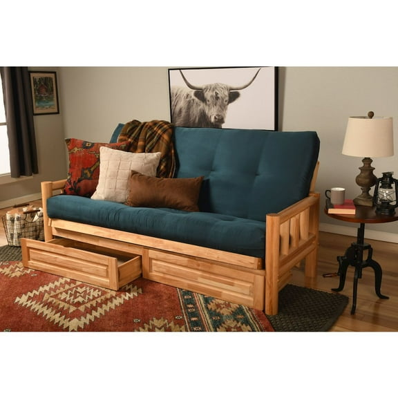 KODIAK Lodge Frame-Natural Finish-Suede Navy Mattress-Storage Drawers