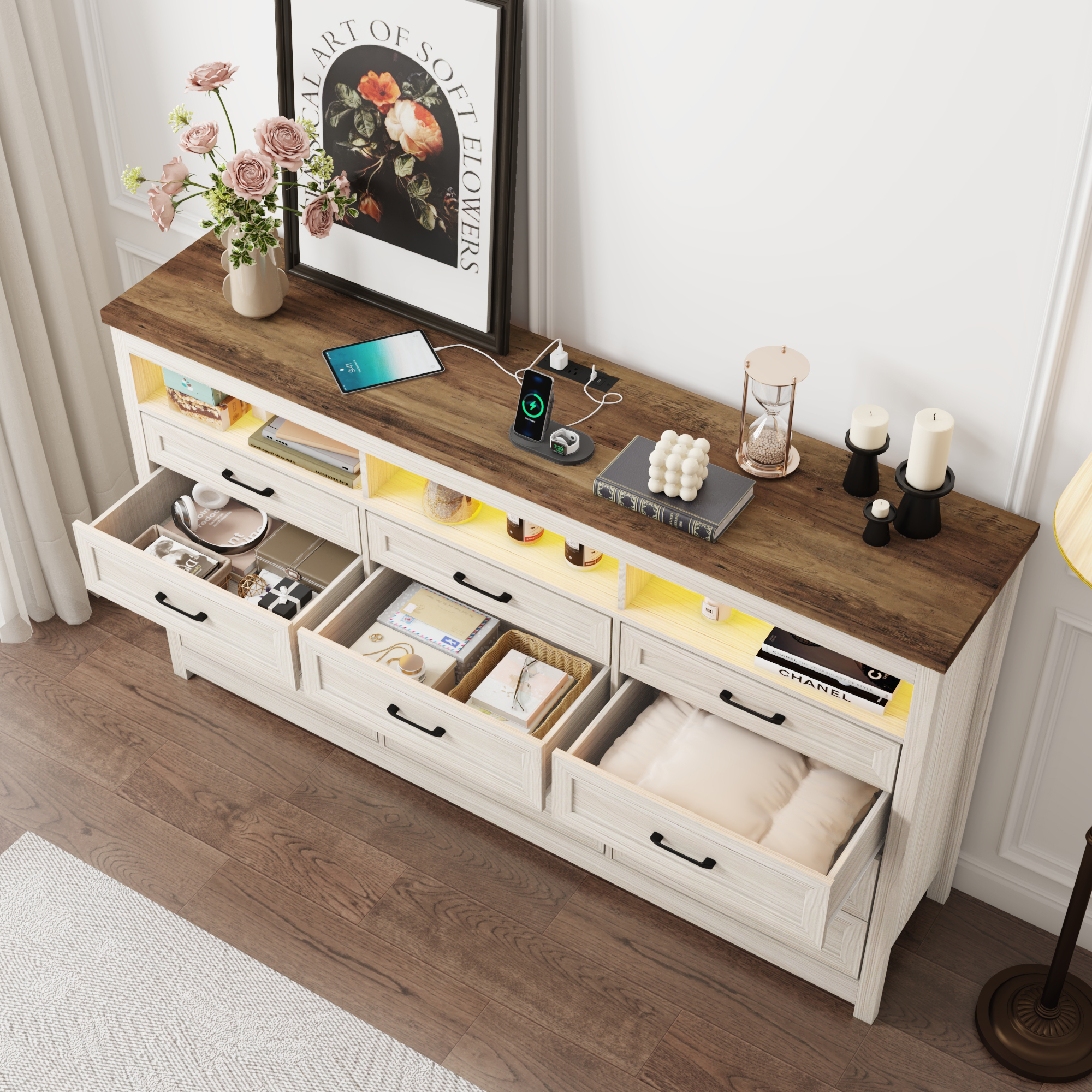 ANPOO 71" Large Farmhouse 12 Drawers Dresser with LED Lights & Power Outlet, 41" Tall Chest of Drawers with Storage Organizer/60000 Colors Light, Modern Wood Dresser for Bedroom, Living Room, Hallway