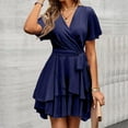 thumbnail image 3 of Women's Party Dress V-Neck Solid Color Waist Defining Irregular Hem Elegant Midi Dress for Spring Fall Banquet Date Night,Dark Blue,S, 3 of 6