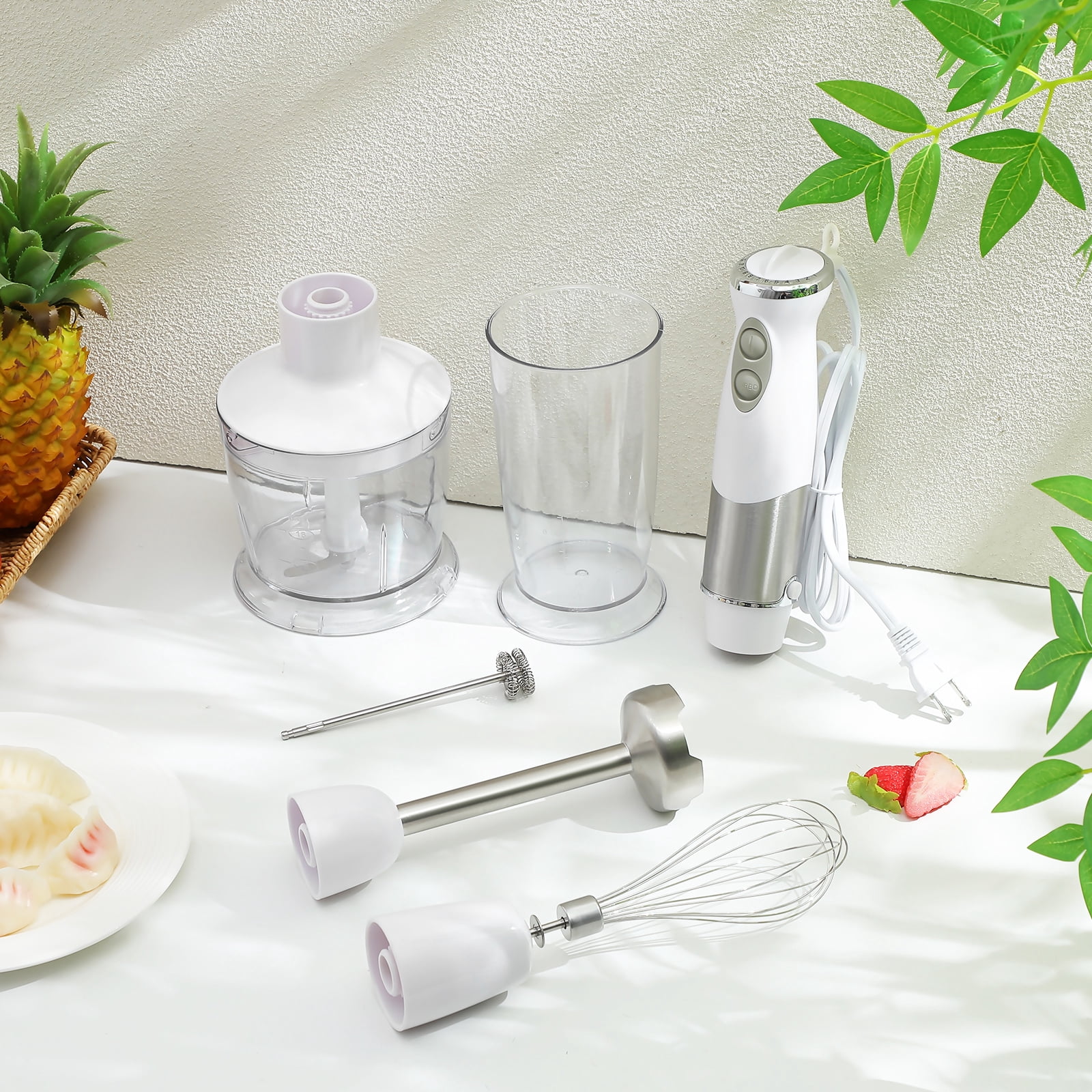 PAMINGONO White 5-in-1 Hand Blender Set – Electric Mixer Chopper Whisk Milk Frother for Soups, Sauces & Smoothies, US Plug