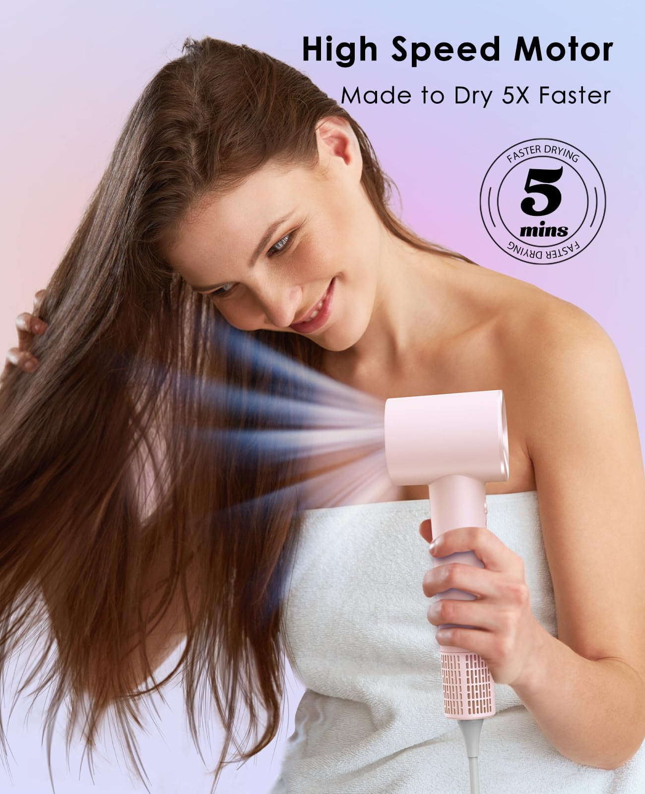Negative Ionic Hair Dryer with 110,000 RPM Motor - High-Speed Lightweight Blow Dryer for Travel & Home Use, Fast Drying Low Noise Hair Drier with Smooth Nozzle, Pink