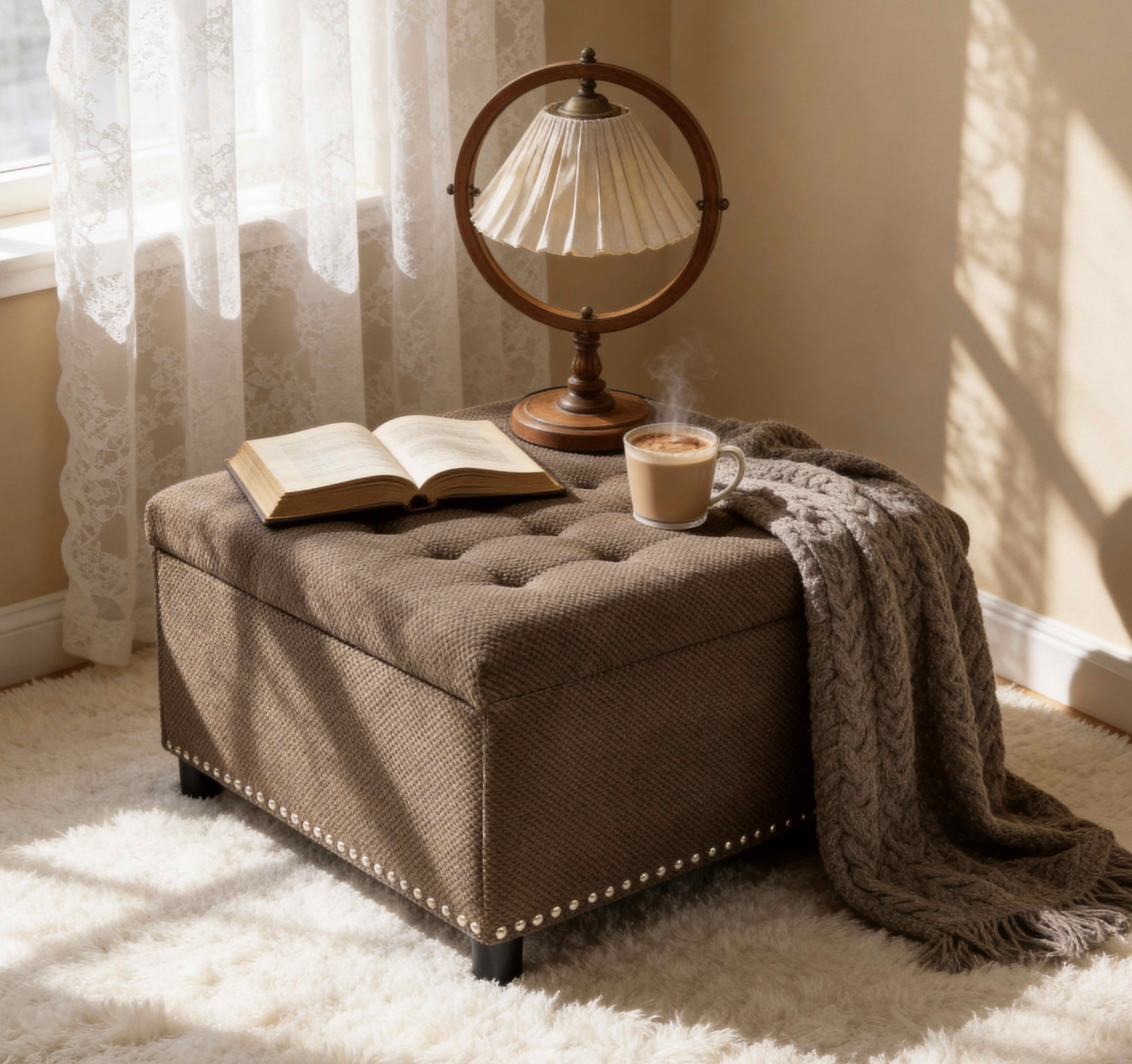 MAYEERTY 30 In Storage Ottoman, Tufted Footstool, Nailhead Trim, Square Ottoman, Coffee