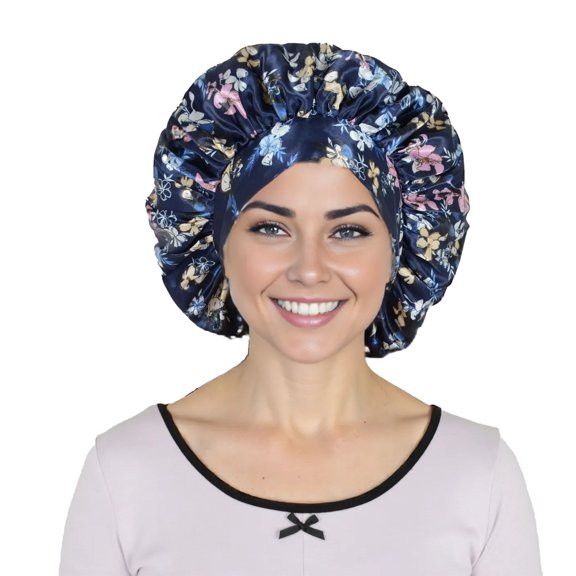 Women Silk Bonnet for Sleeping Satin Hair Bonnet with Floral Print and Long Tie Band - Navy Blue