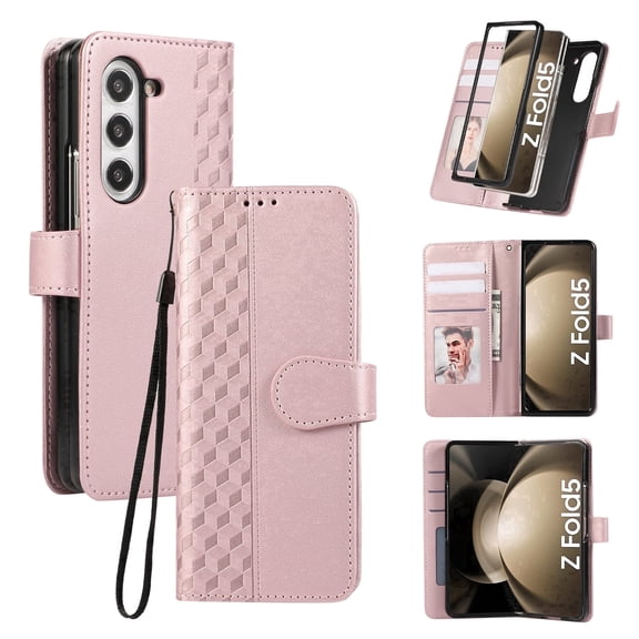 Allytechgroup RFID Blocking Shockproof Kickstand Wallet Case PU Leather Flip Cover Wallet Cell Phone Case with 1 Case for Samsung Galaxy Z Fold 3, Gold