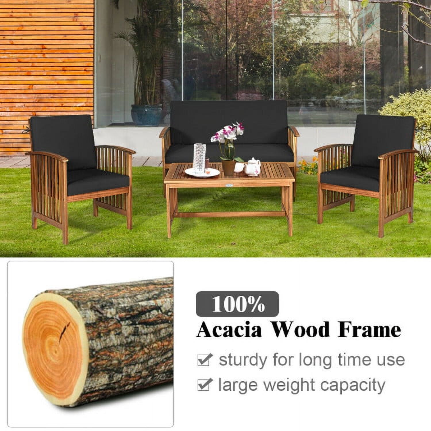 Aimee Lii 4 Pieces Patio Solid Wood Furniture Set, Wood Outdoor Furniture, Black Aimee Lii 4 Pieces Patio Solid Wood Furniture Set, Wood Outdoor Furniture, Black