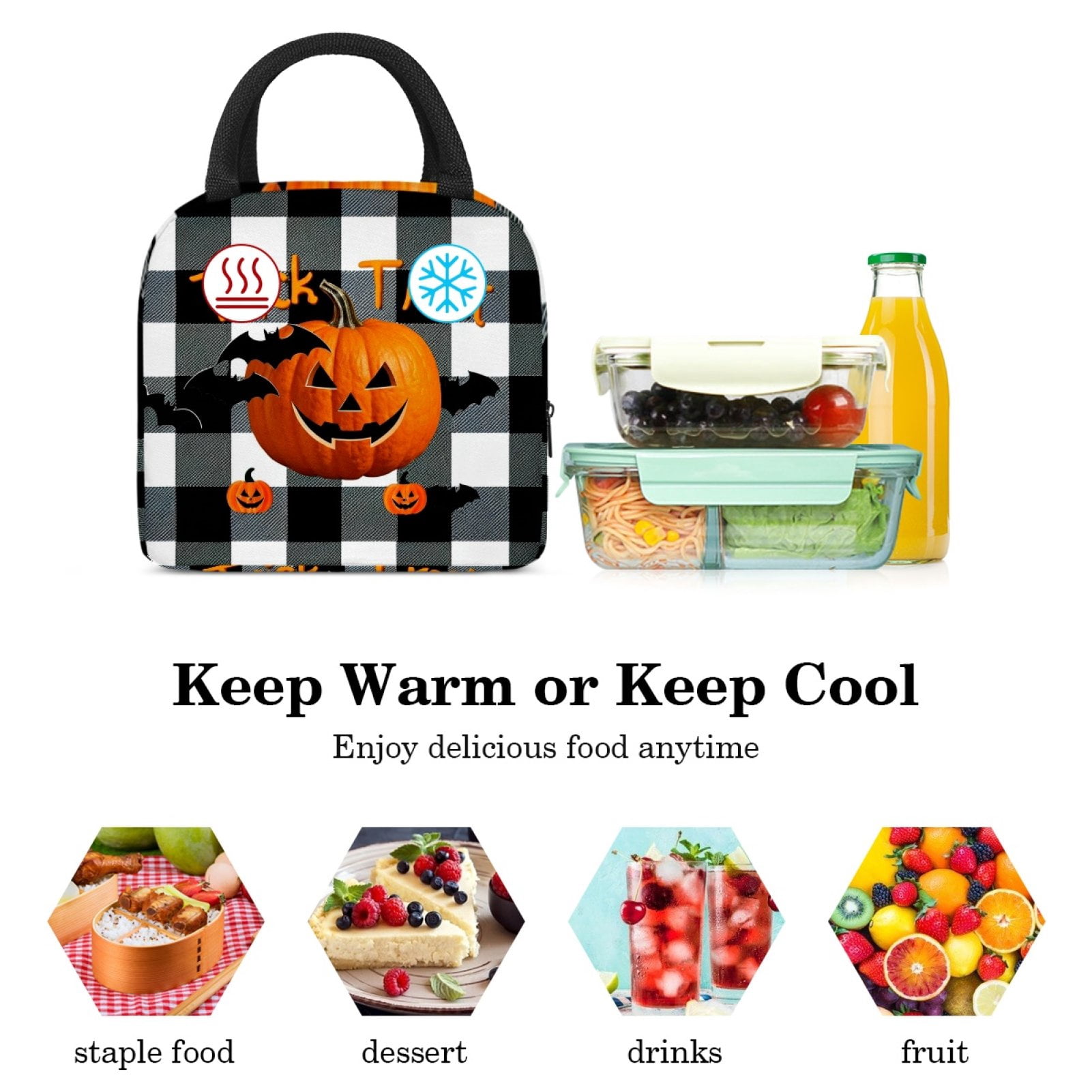 ERJLKXP Black and White Checkered Pumpkin Halloween Insulated Lunch Bags for Women and Men,Adult Reusable Lunch Tote Bag for Work,cooler bag