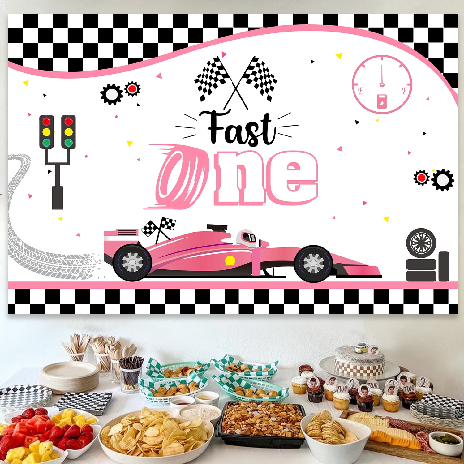 Race Car Theme 1st Birthday Party Decorations for Girls, Fast One Birthday Party Supplies, Pink Lattice Balloon Garland Arch Kit and Fast One Backdrop for Racing Car First Birthday Party