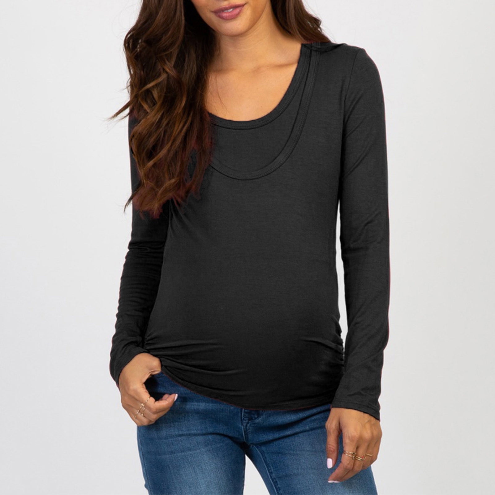 Women Mom Pregnancy Long Sleeve Shirt Solid Tunic Tops Maternity Blouse Clothes