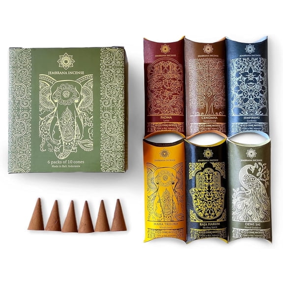 Jembrana Incense Cone Box Set with Lotus & Sandalwood, 60 Count