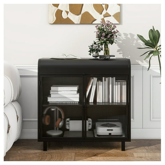 Modern Sideboard Buffet Cabinet with Tempered Figured Glass Doors, Top, Inner Shelves, Metal Frame Storage Console for Dining Room, Kitchen, Living Room