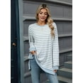 thumbnail image 6 of Womens Casual Striped Long Sleeve Shirt Trendy Crew Neck Slim Loose Fit Basic Blouses Tops Light Gray&White XXL, 6 of 8