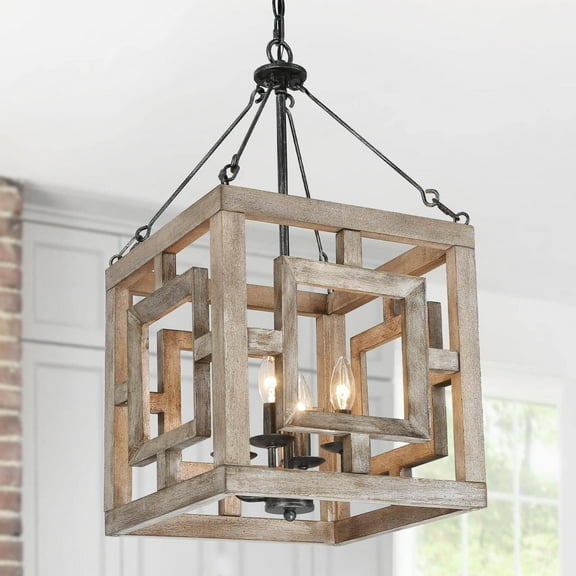 LNC 4-Light Farmhouse Wood Square Chandelier for Kitchen/ Dining Room