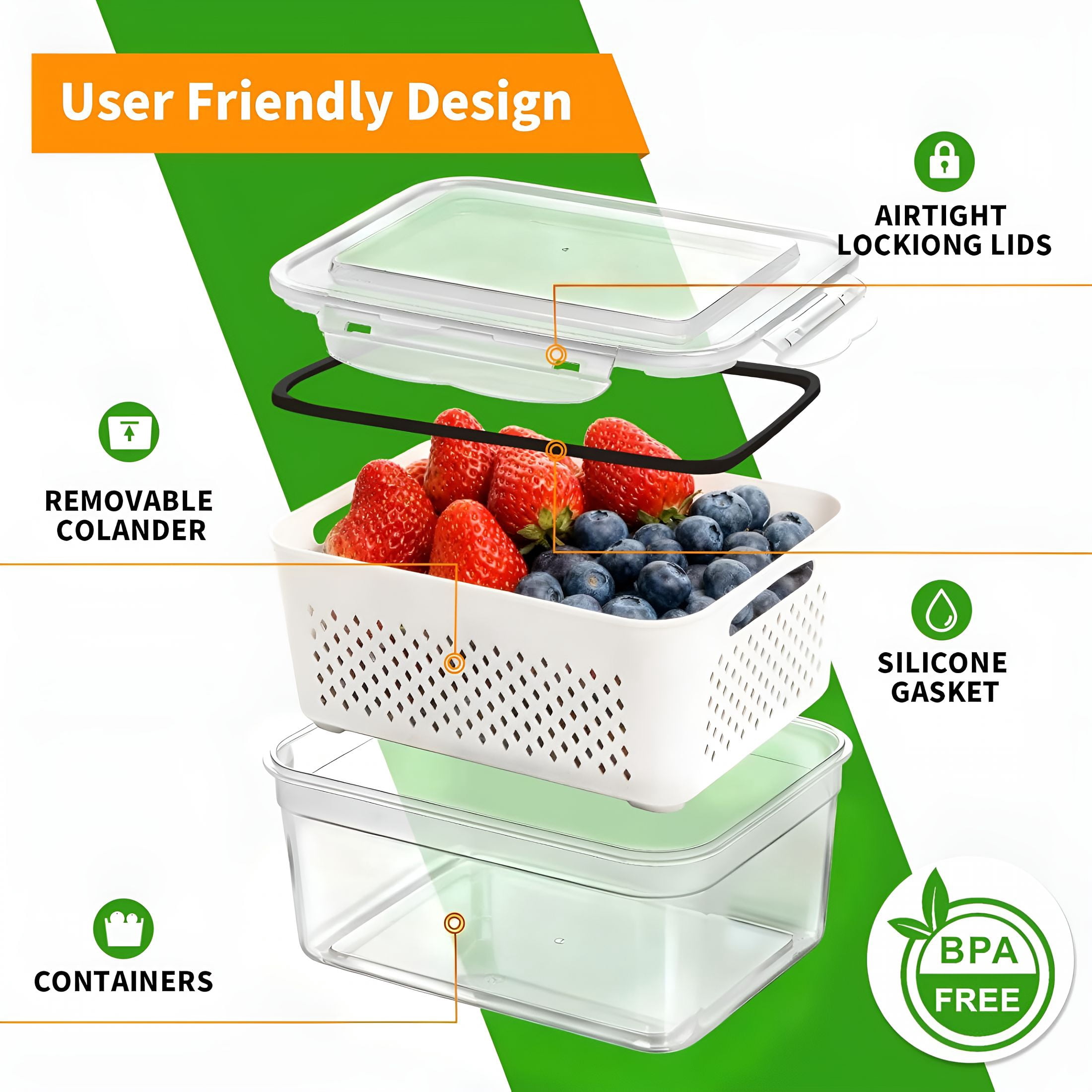 ACDANC 5-Pack Large Fruit Storage Containers for Fridge with Removable Colander,2 in 1 Produce Storage Containers,Bpa-Free Fridge Organizers and Storage Keep Fruits,Vegetables