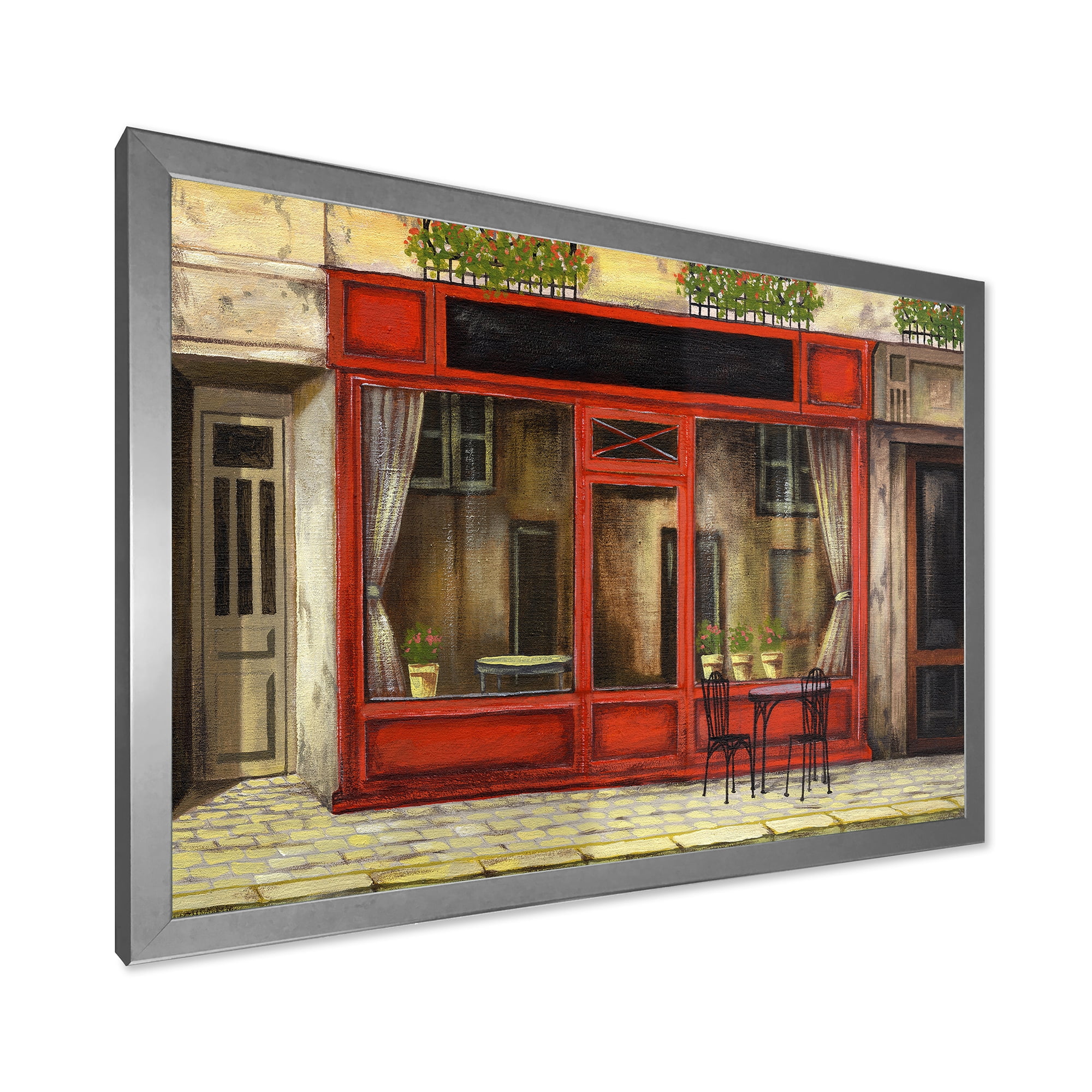 Red Facade of Charming Shop In Paris Street I 32 in x 24 in Framed Painting Canvas Art Print, by Designart